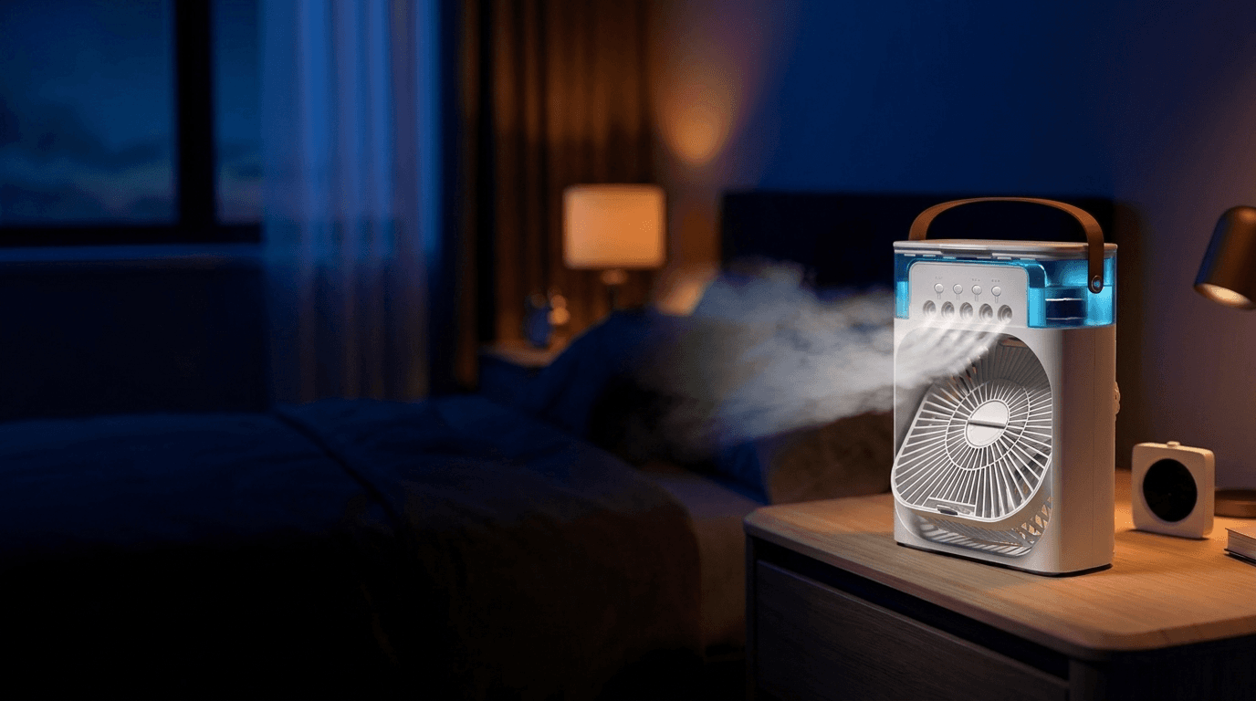 Coolfan sur une table de chevet la nuit, brume et lumière bleue dans une chambre